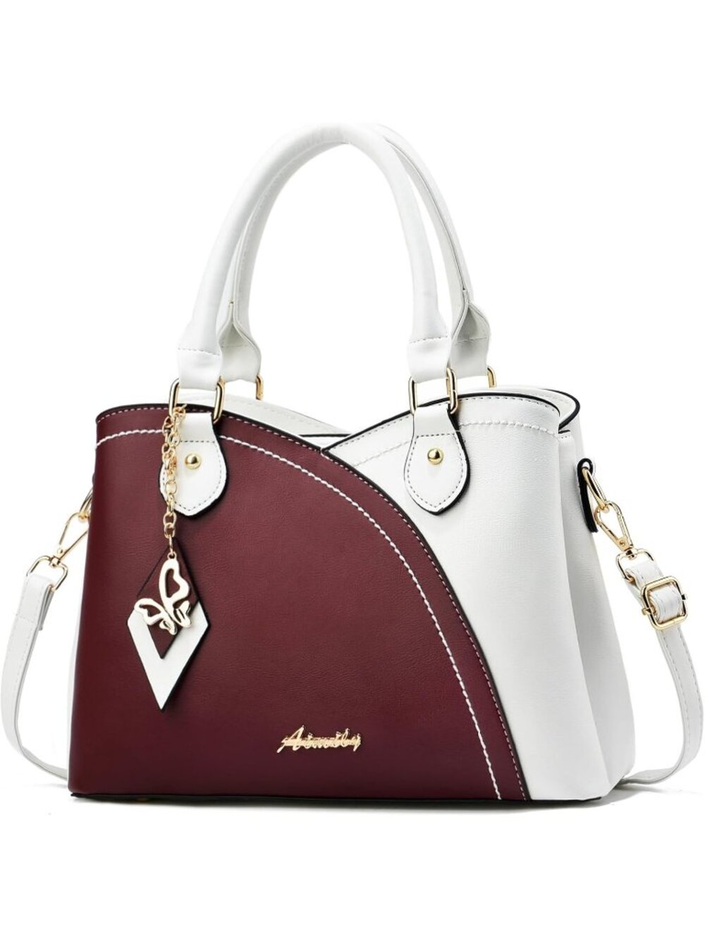 〽️Women White Wine Medium Leather Top Handle Crossbody Satchel Shoulder Handbags